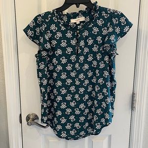 LOFT XS Blouse Cap Sleeve One Button Front Opening Green/White Semi Sheer